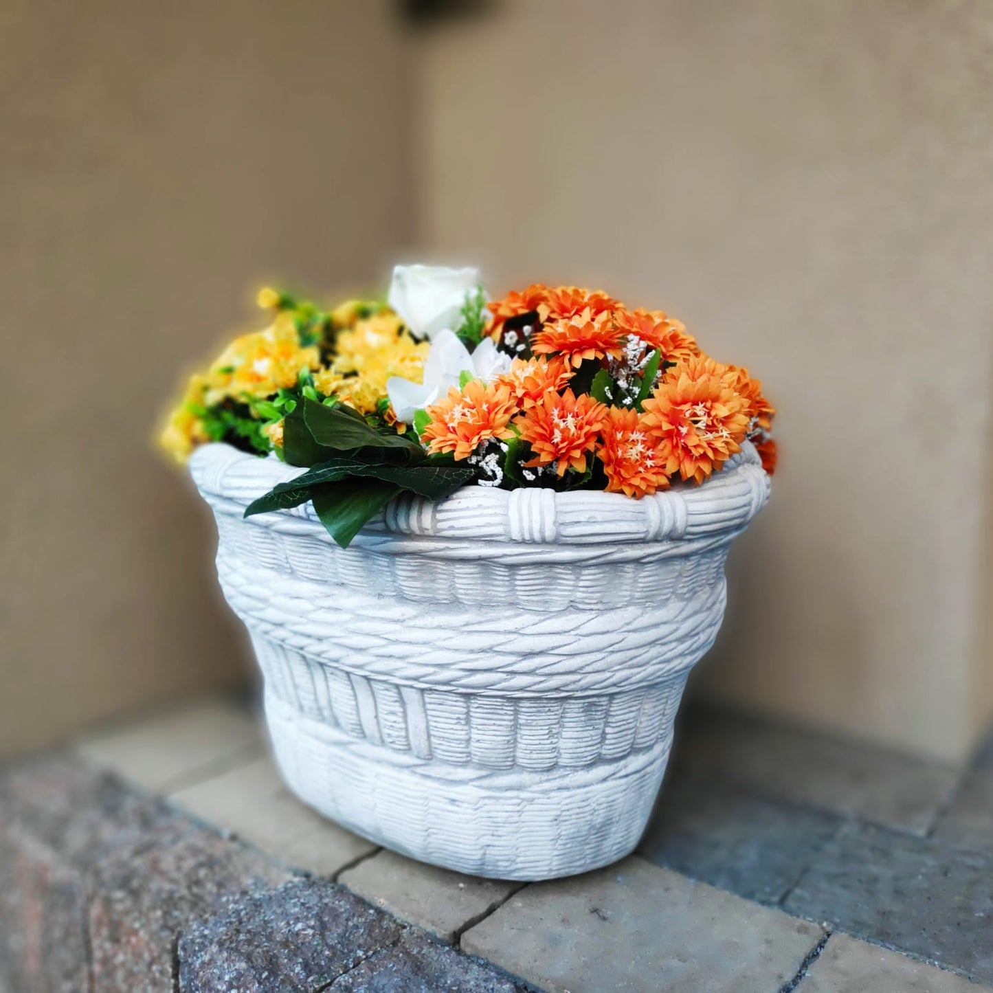 Large Wide Wicker Basket Concrete Planter