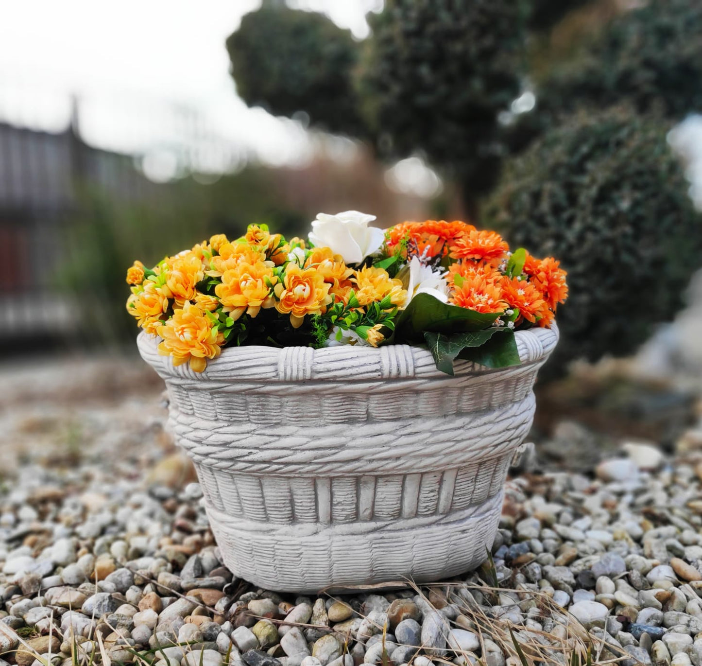 Large Wide Wicker Basket Concrete Planter