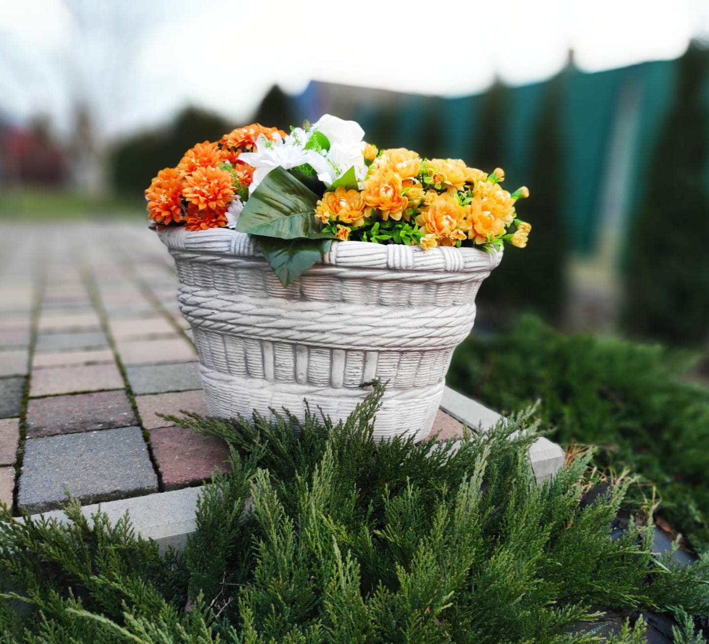Large Wide Wicker Basket Concrete Planter