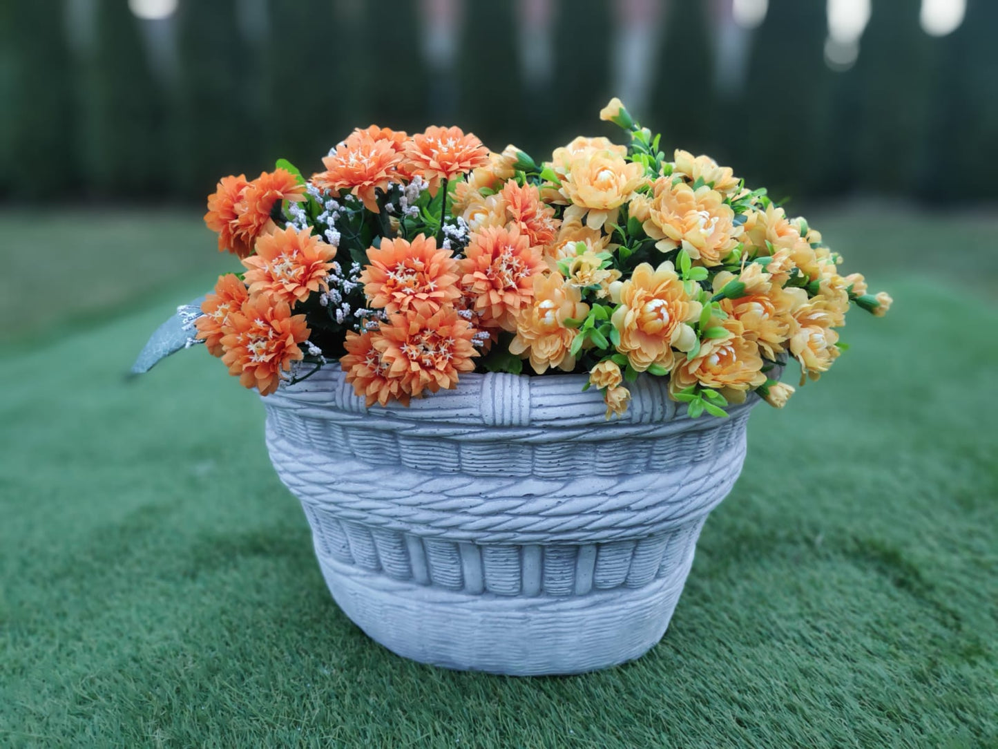 Large Wide Wicker Basket Concrete Planter