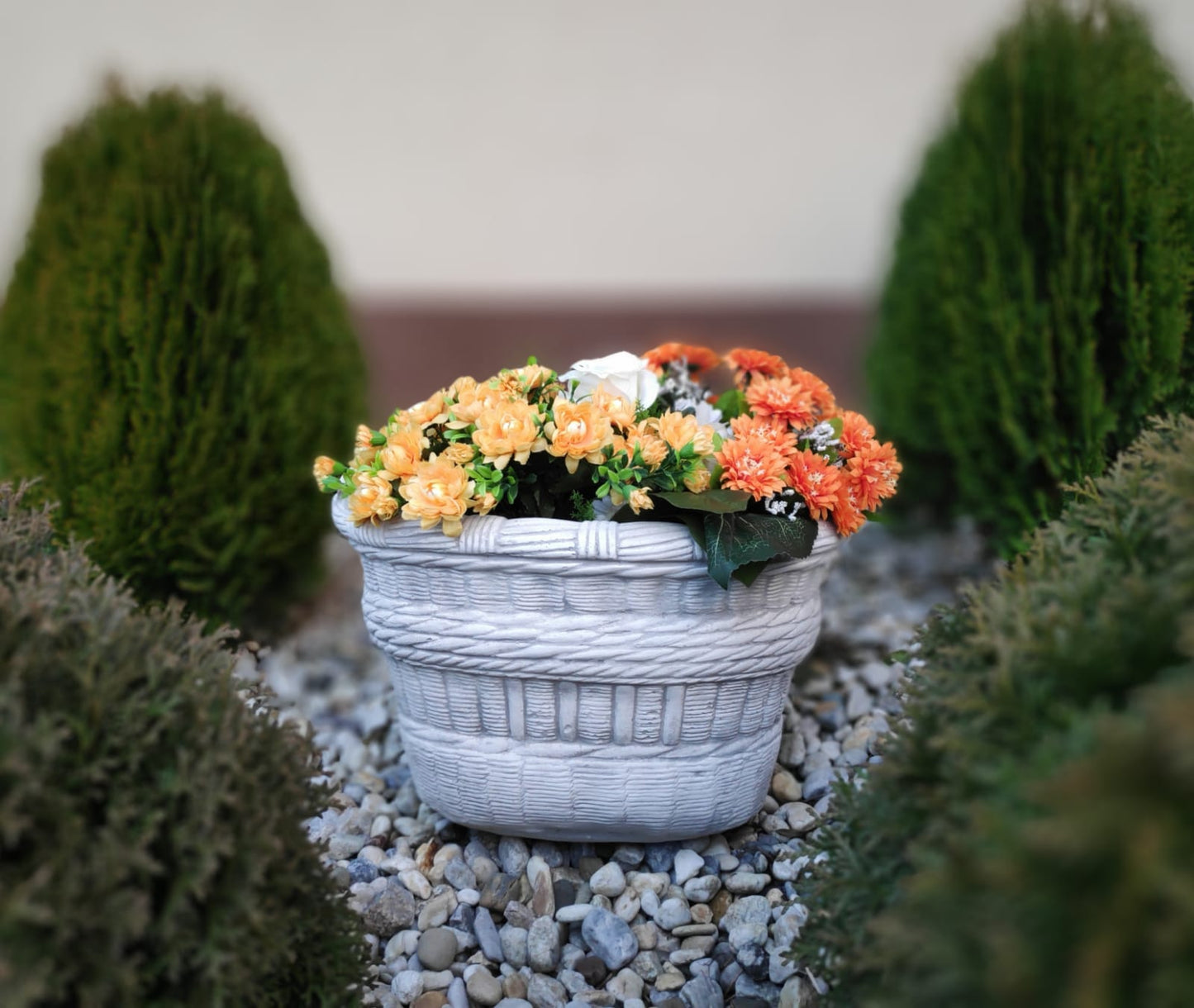 Large Wide Wicker Basket Concrete Planter