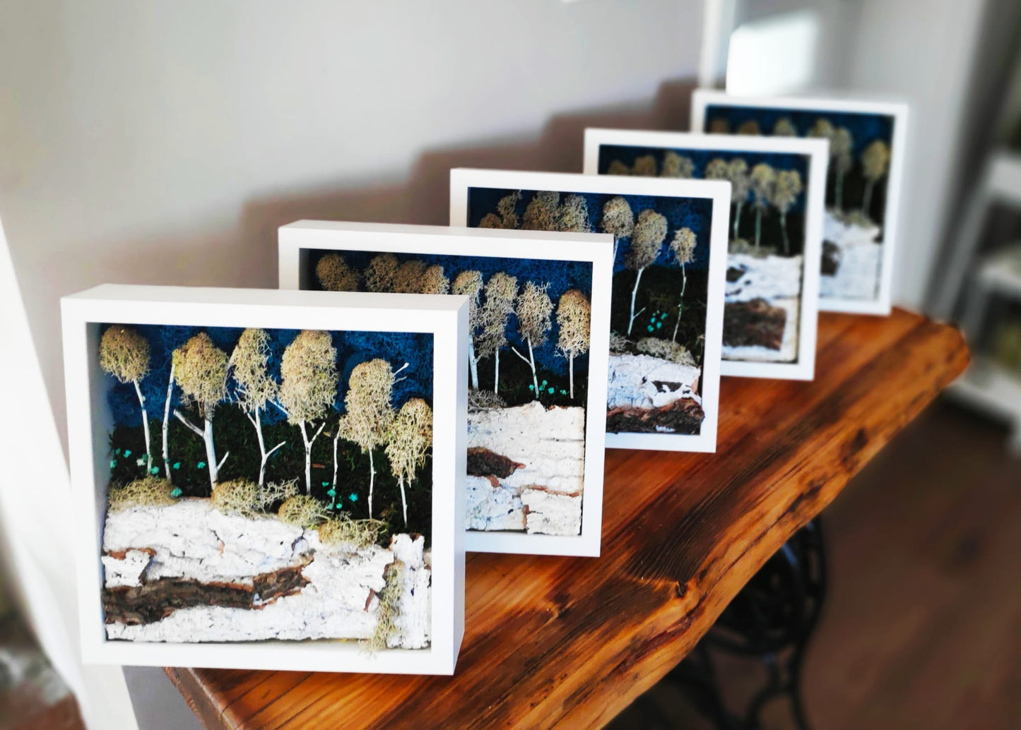 Reindeer moss composition, indoor decoration in white frame - Winter magic in a forest 27x27cm