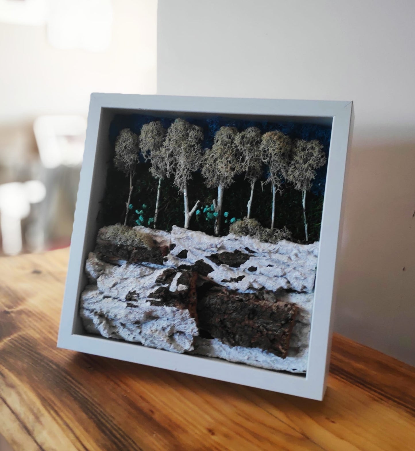 Reindeer moss composition, indoor decoration in white frame - Winter magic in a forest 27x27cm