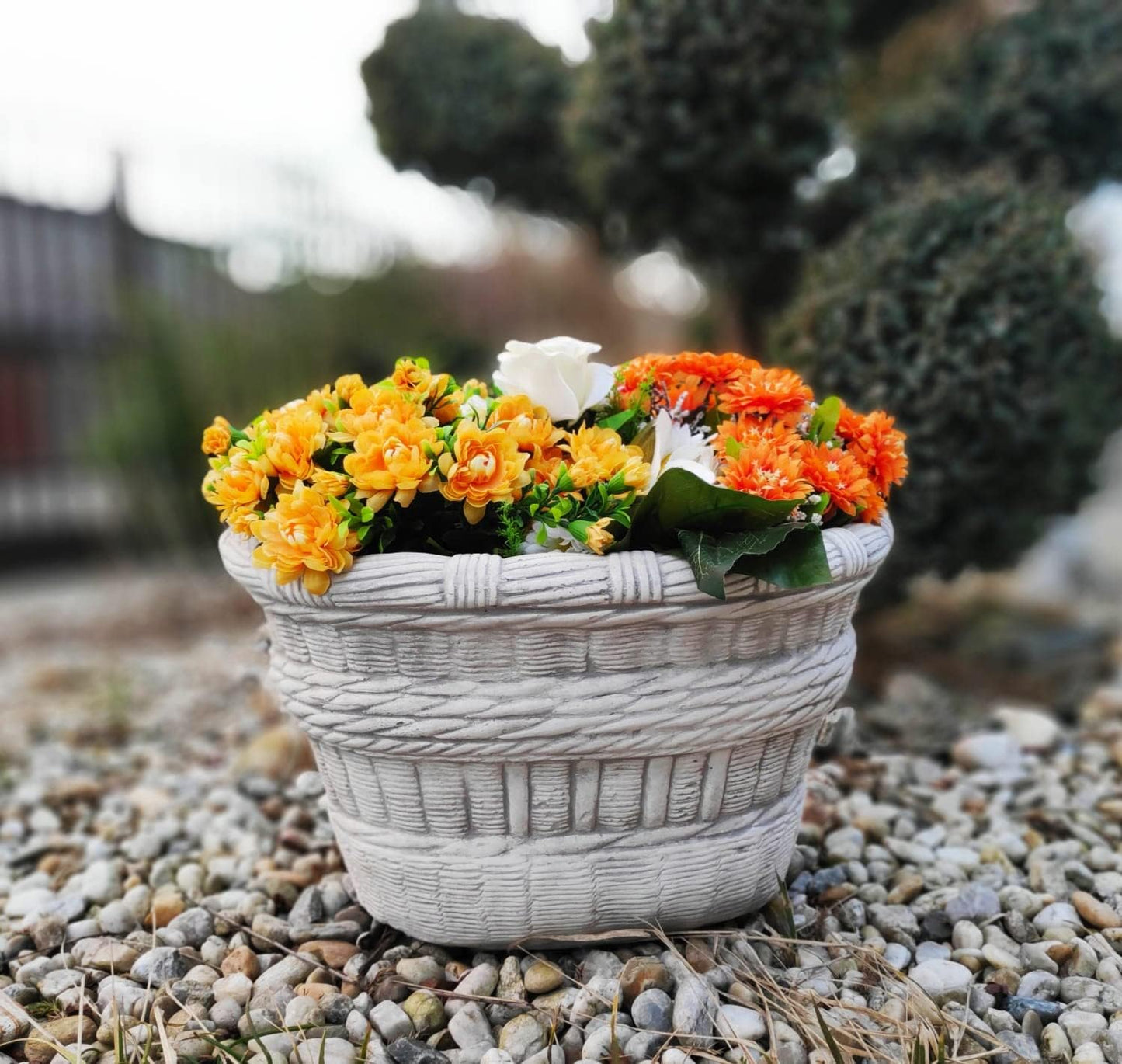 Large Wide Wicker Basket Concrete Planter