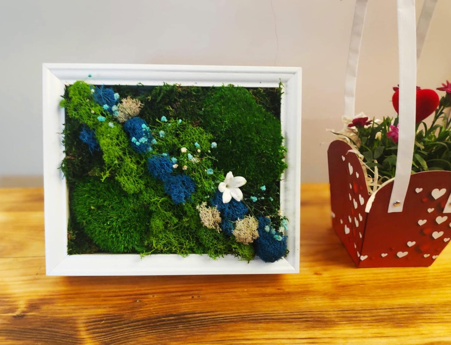 Craft made of Scandinavian moss and preserved plants in white frame - Fairy Jasmin flower