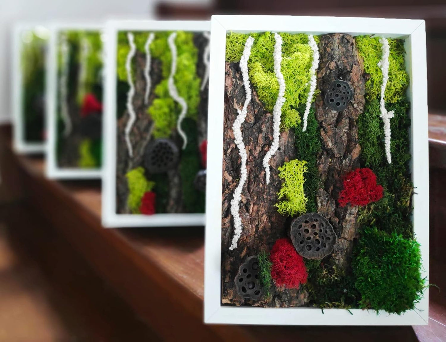 Scandinavian moss composition in the white frame 23x32cm, artwork made of preserved plants - Mystical wonderland