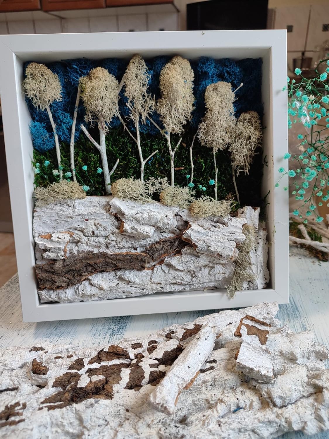 Reindeer moss composition, indoor decoration in white frame - Winter magic in a forest 27x27cm