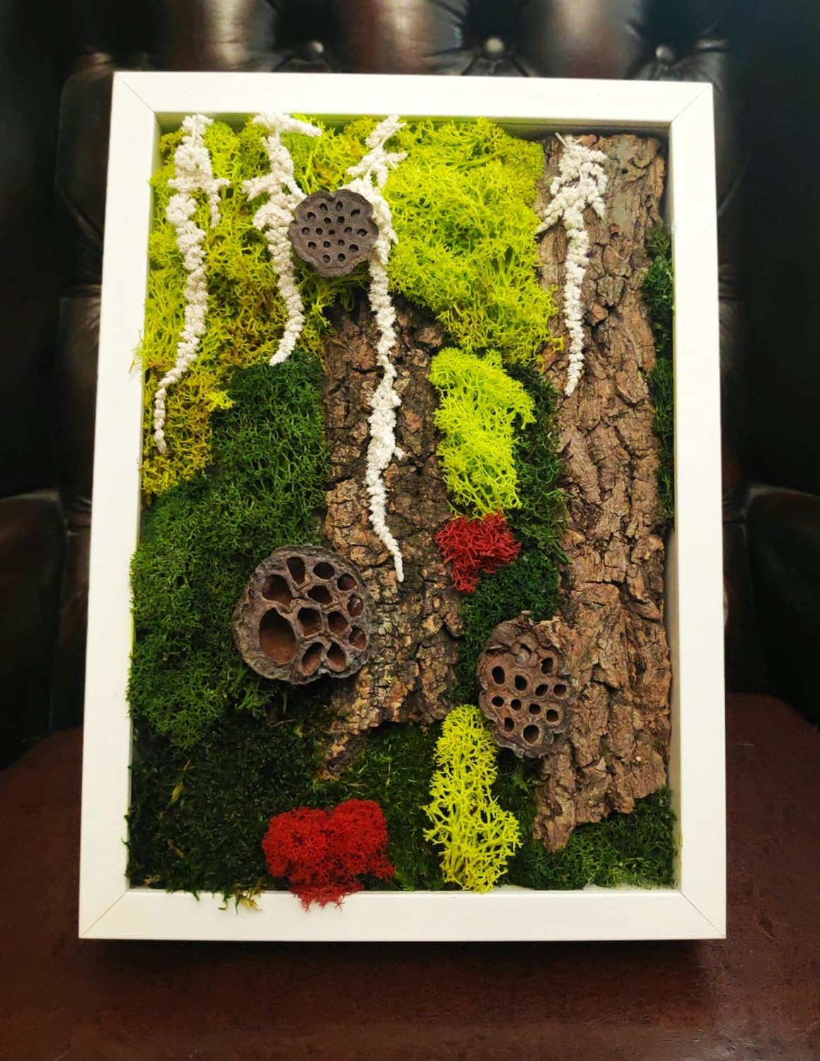 Scandinavian moss composition in the white frame 23x32cm, artwork made of preserved plants - Mystical wonderland