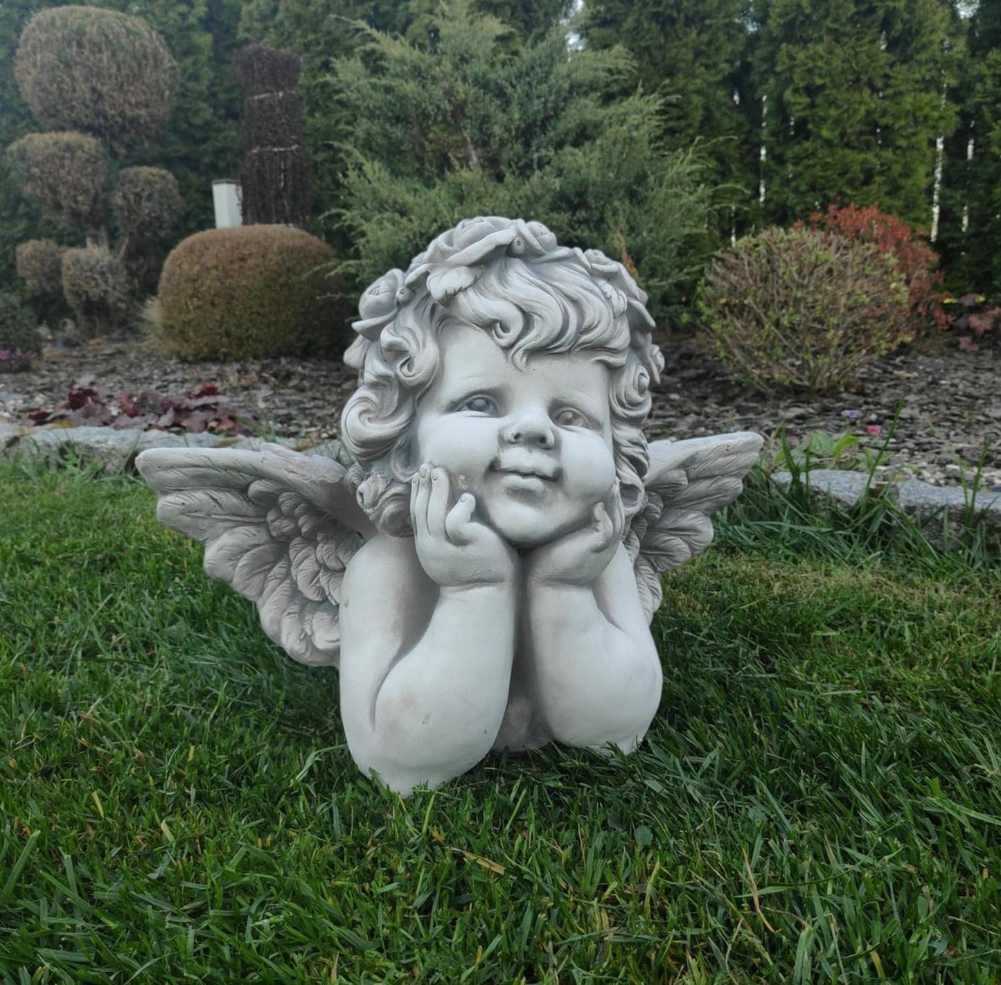 Figure of Observant Seraphim - Cast Stone Smiling Angel, 31cm Height