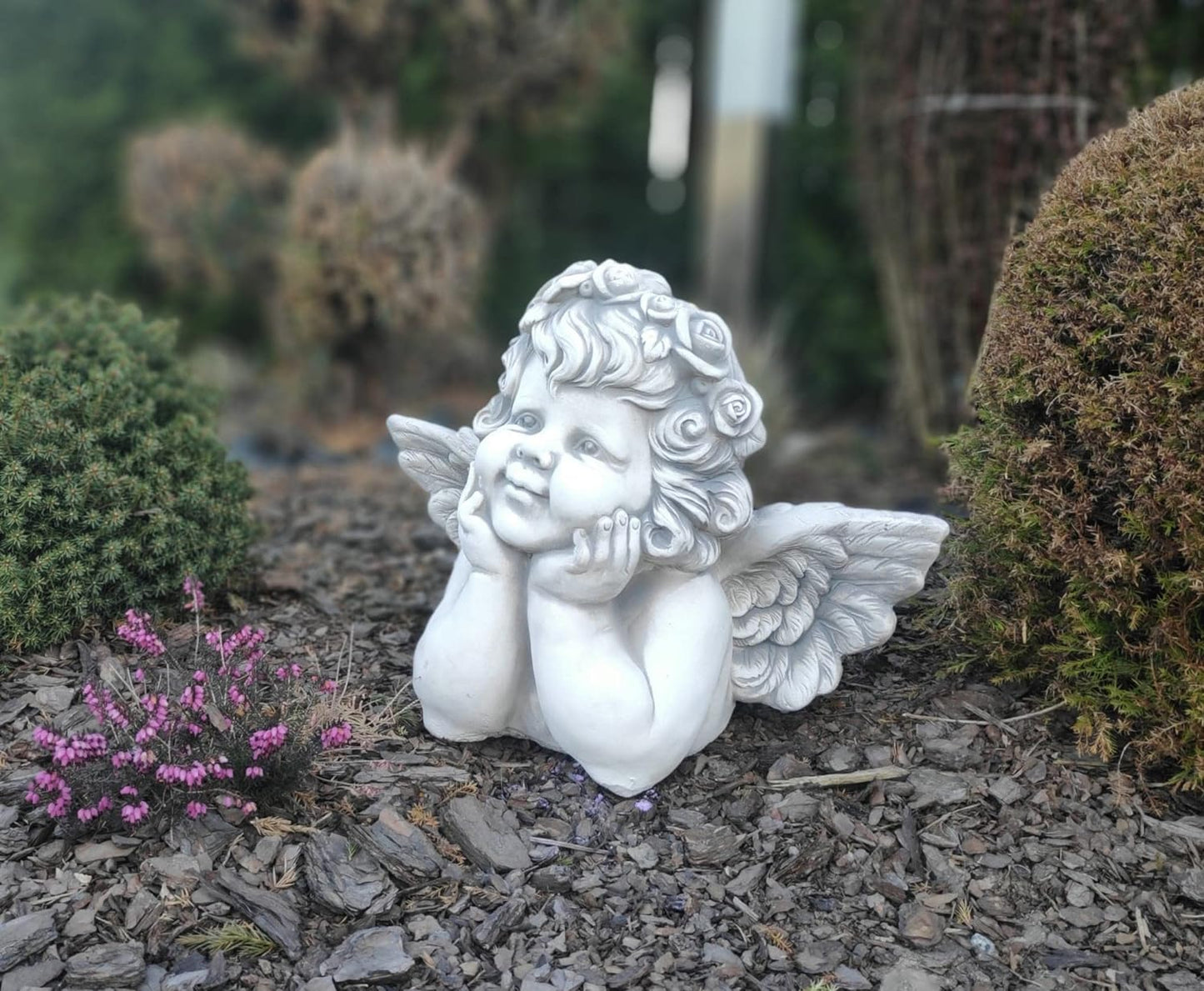 Figure of Observant Seraphim - Cast Stone Smiling Angel, 31cm Height