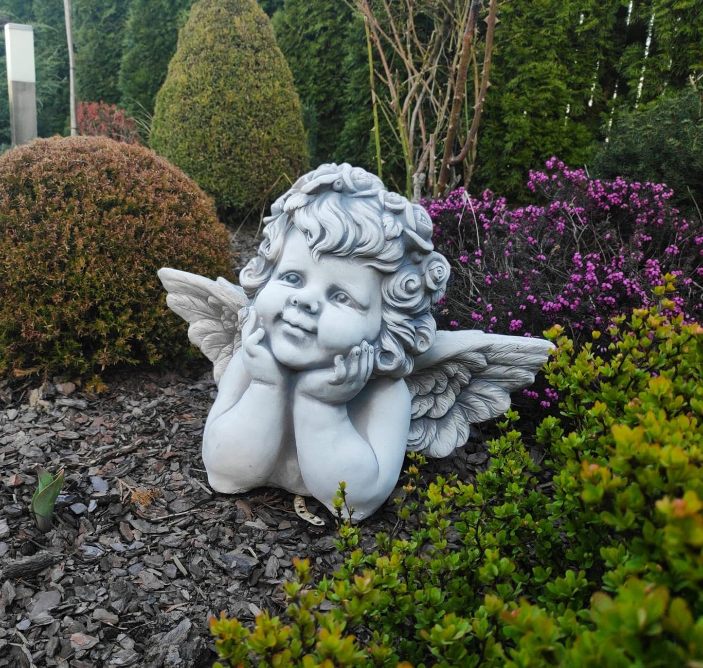 Figure of Observant Seraphim - Cast Stone Smiling Angel, 31cm Height