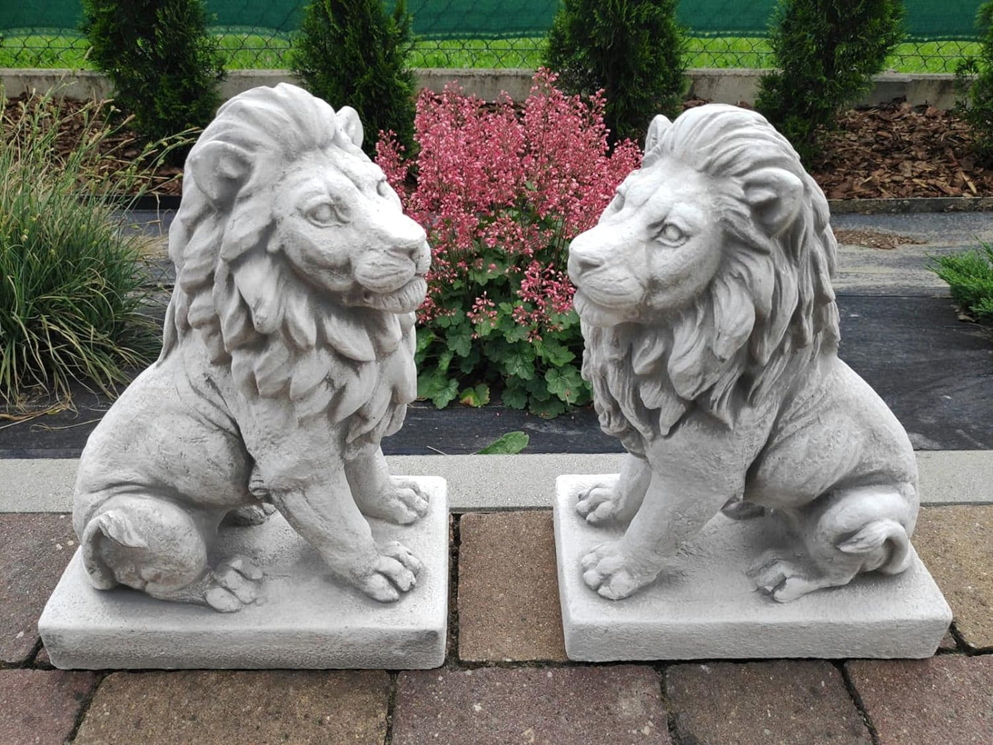 Set of two lions, made of cast stone, garden statues, ornament, decoration
