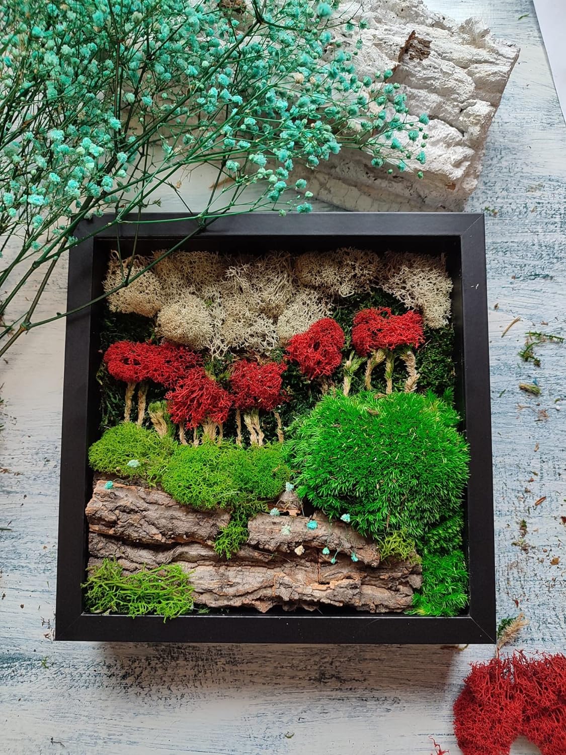 Artisan craft made from preserved plants and reindeer moss in the black frame 27x27cm - Magic Autumn in Paris