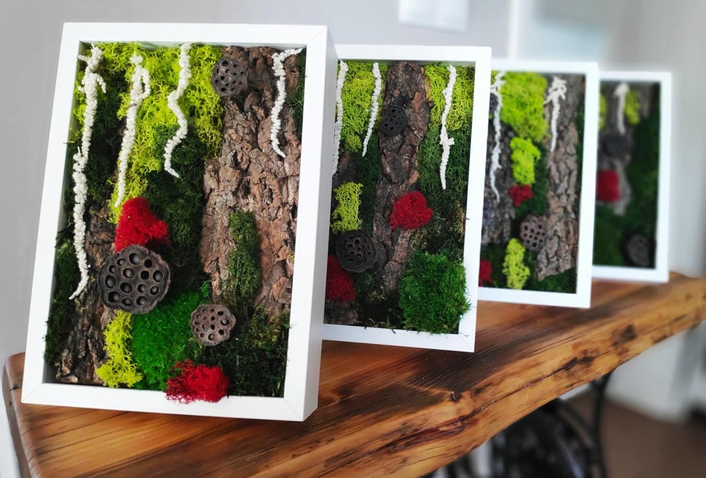 Skandinavische Mooskomposition im weißen Rahmen 23x32cm, Kunstwerk aus konservierten Pflanzen – Mystisches Wunderland