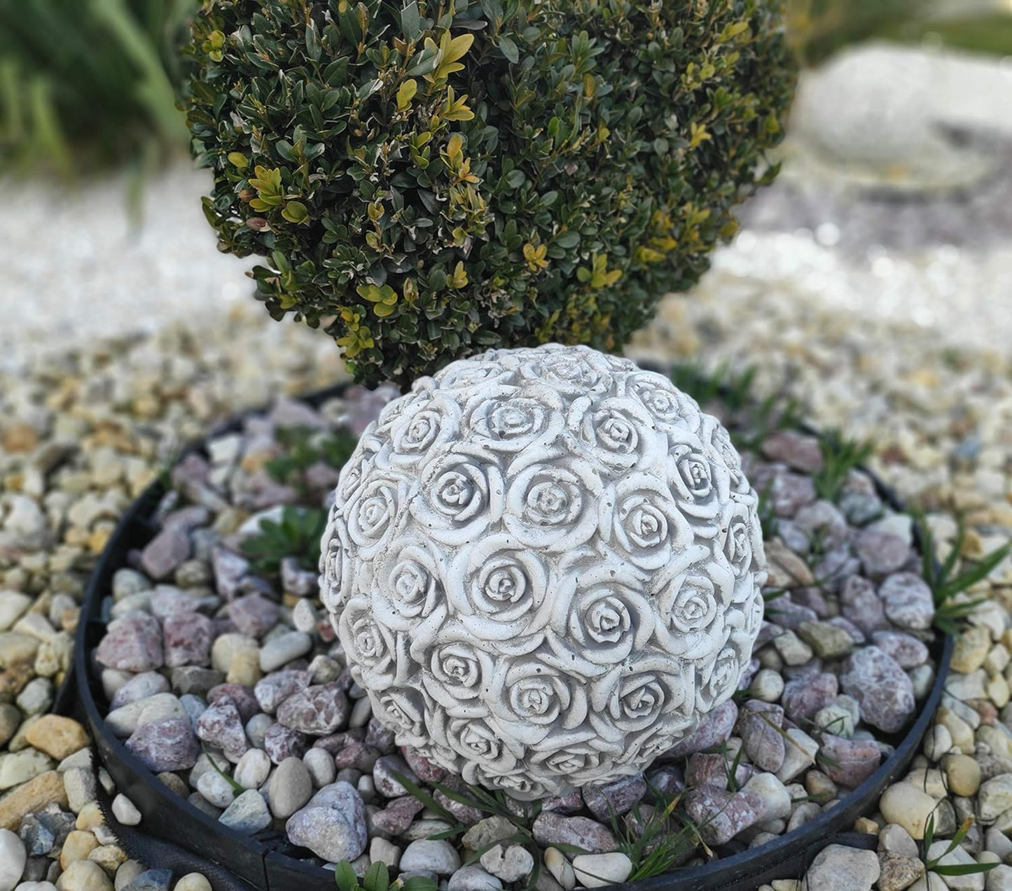 Rose-Covered Concrete Garden Ball